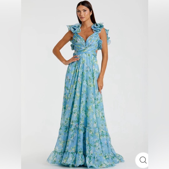 Mac Duggal Ruffle Tiered Floral Cut-out Chiffon Blue floral gown size 12 stunner - Picture 15 of 15